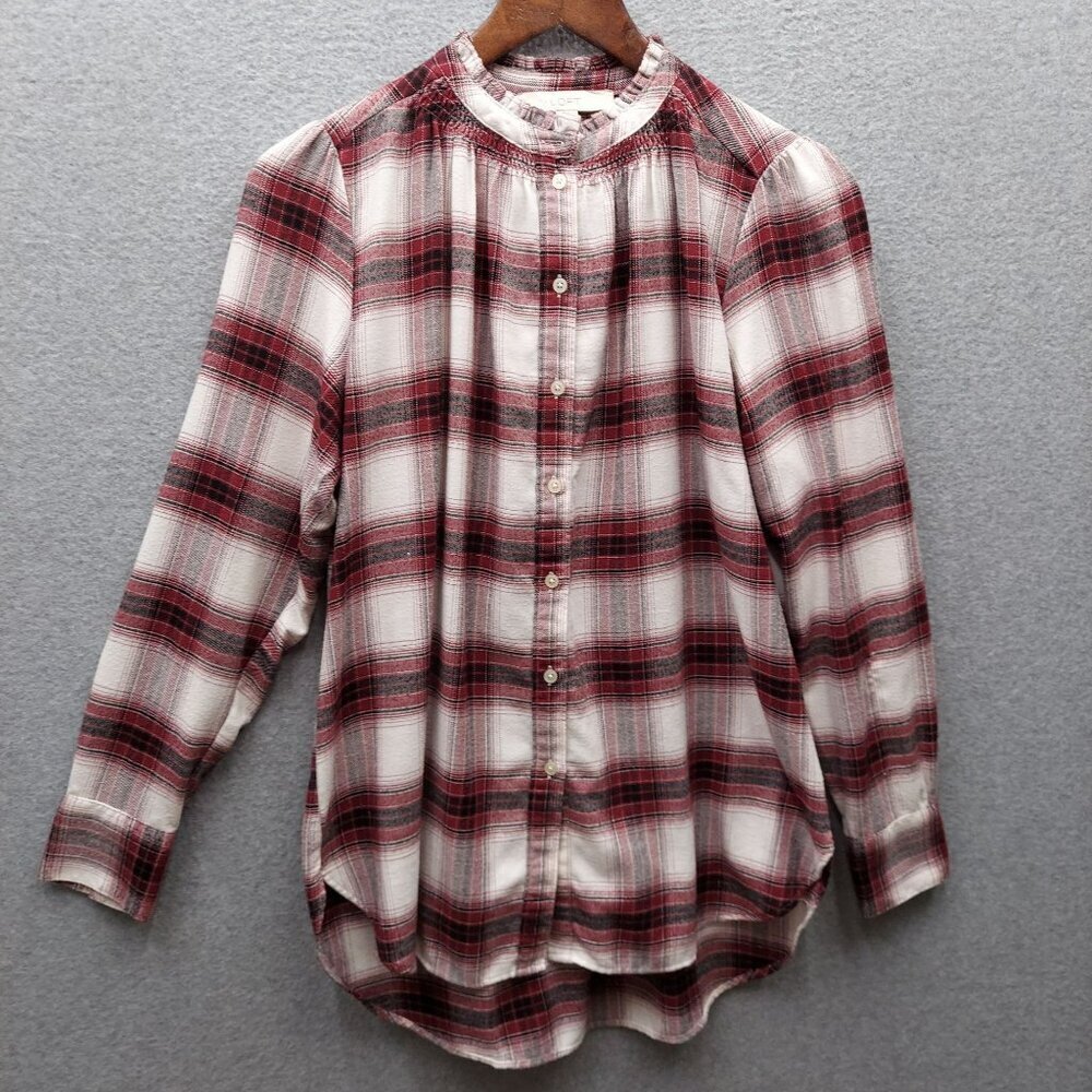 Loft Womens Plaid Button-Up Shirt Small Red & White Viscose/Polyester Made In In